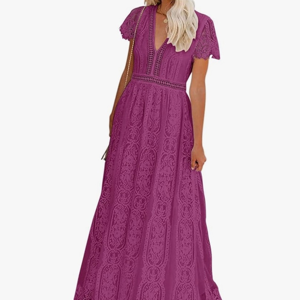 Women's Purple Lace Midi Dress - Elegant V-Neck Design - Picture 2 of 8